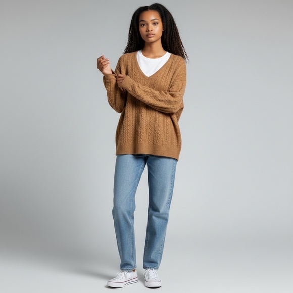 J. Crew Camel Cable Knit V Neck Cashmere Sweater Size Medium - Picture 2 of 8